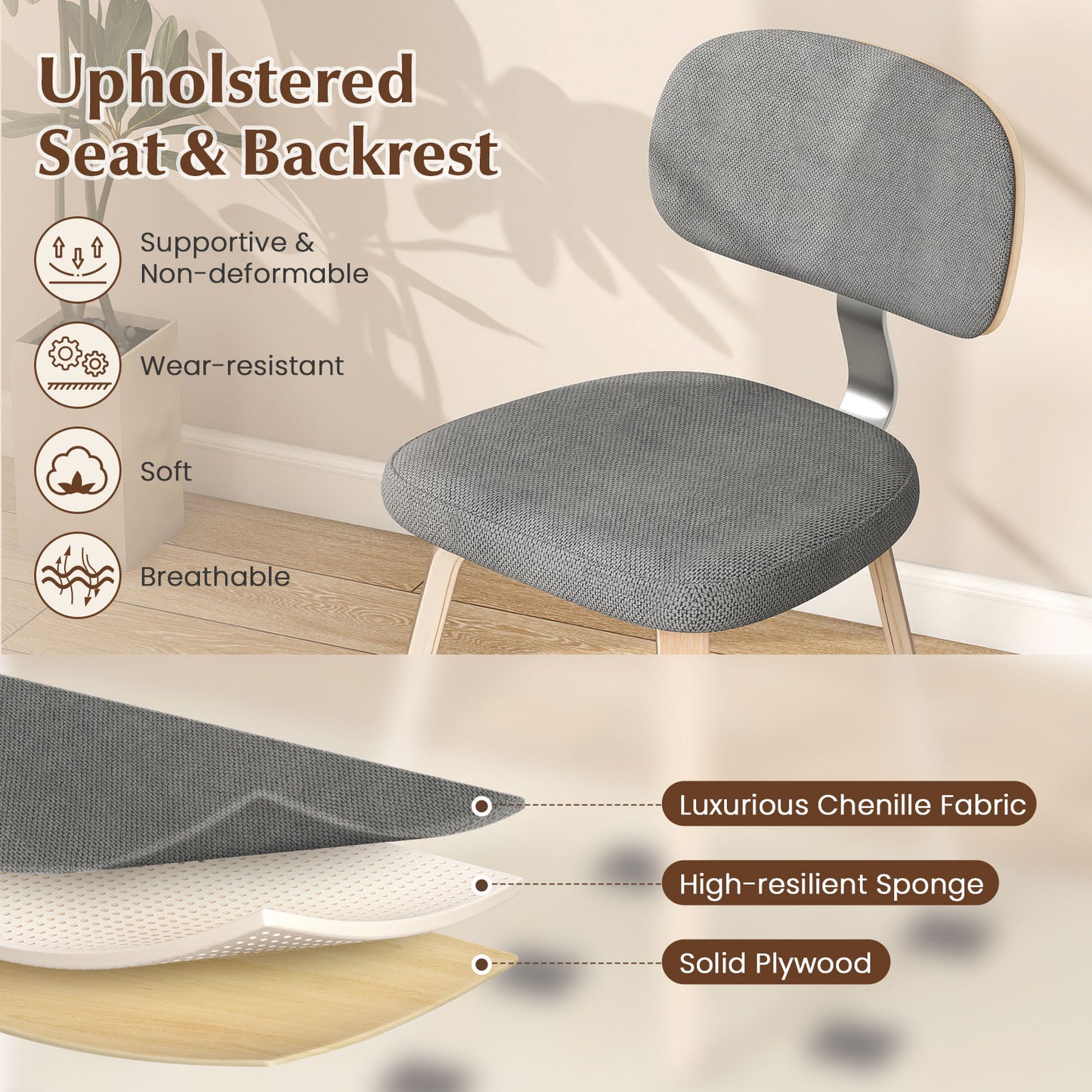 Chenille Fabric Upholstered Wooden Kitchen Chairs Set of 2-Gray