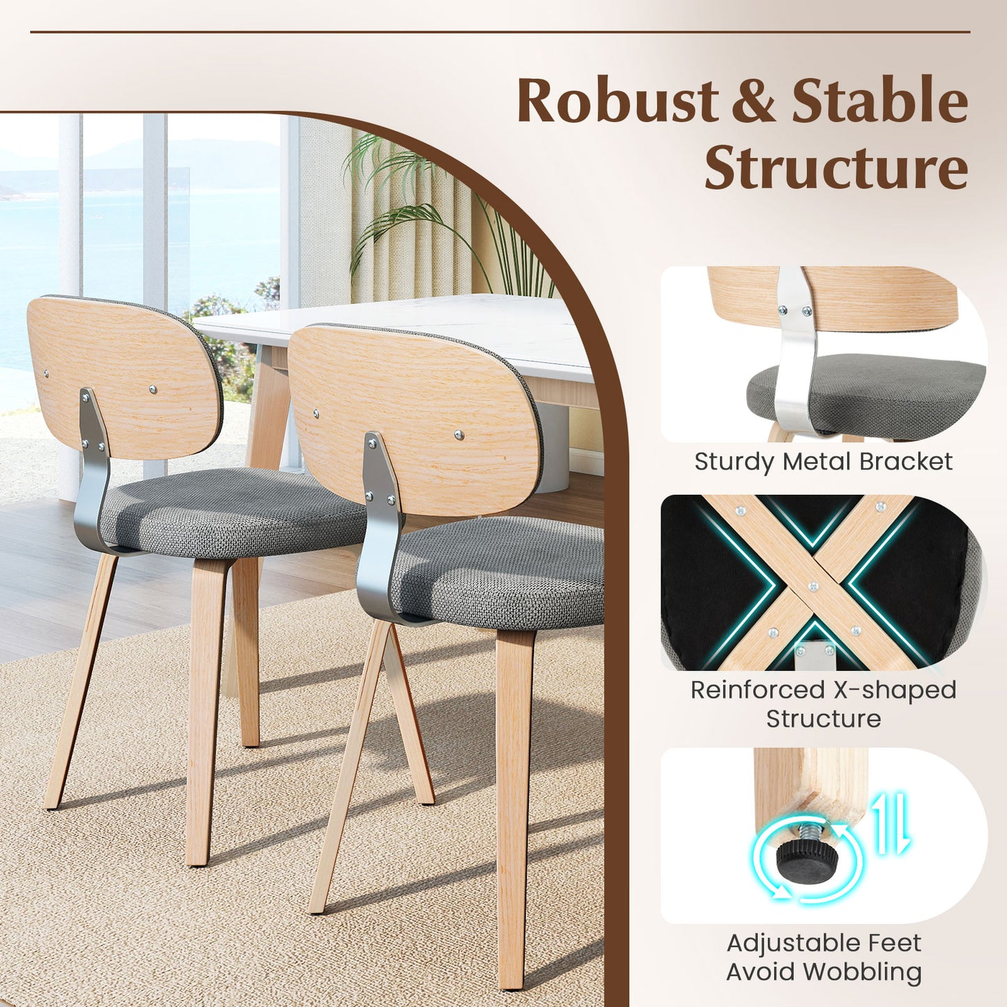 Chenille Fabric Upholstered Wooden Kitchen Chairs Set of 2-Gray