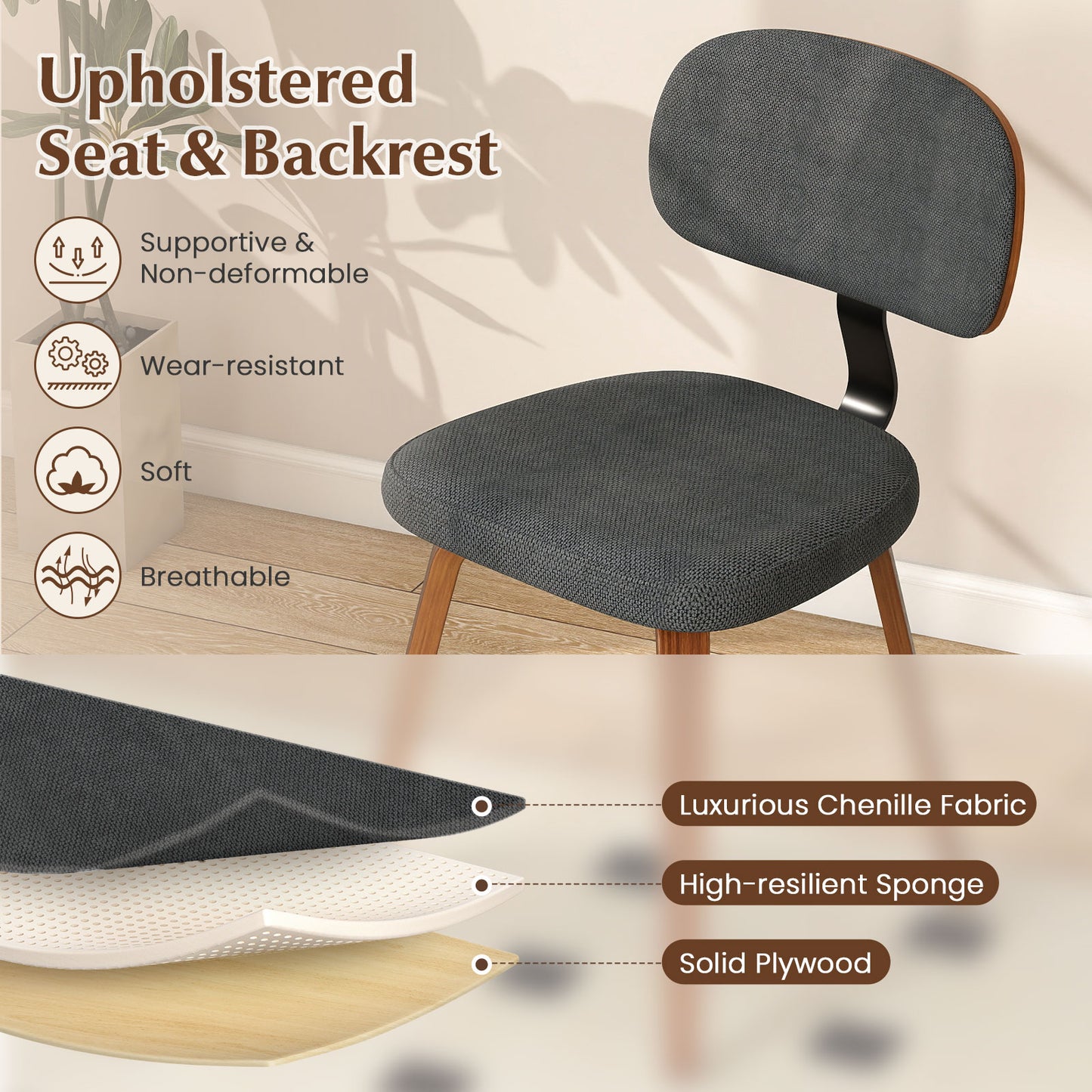 Chenille Fabric Upholstered Wooden Kitchen Chairs Set of 2-Dark Gray