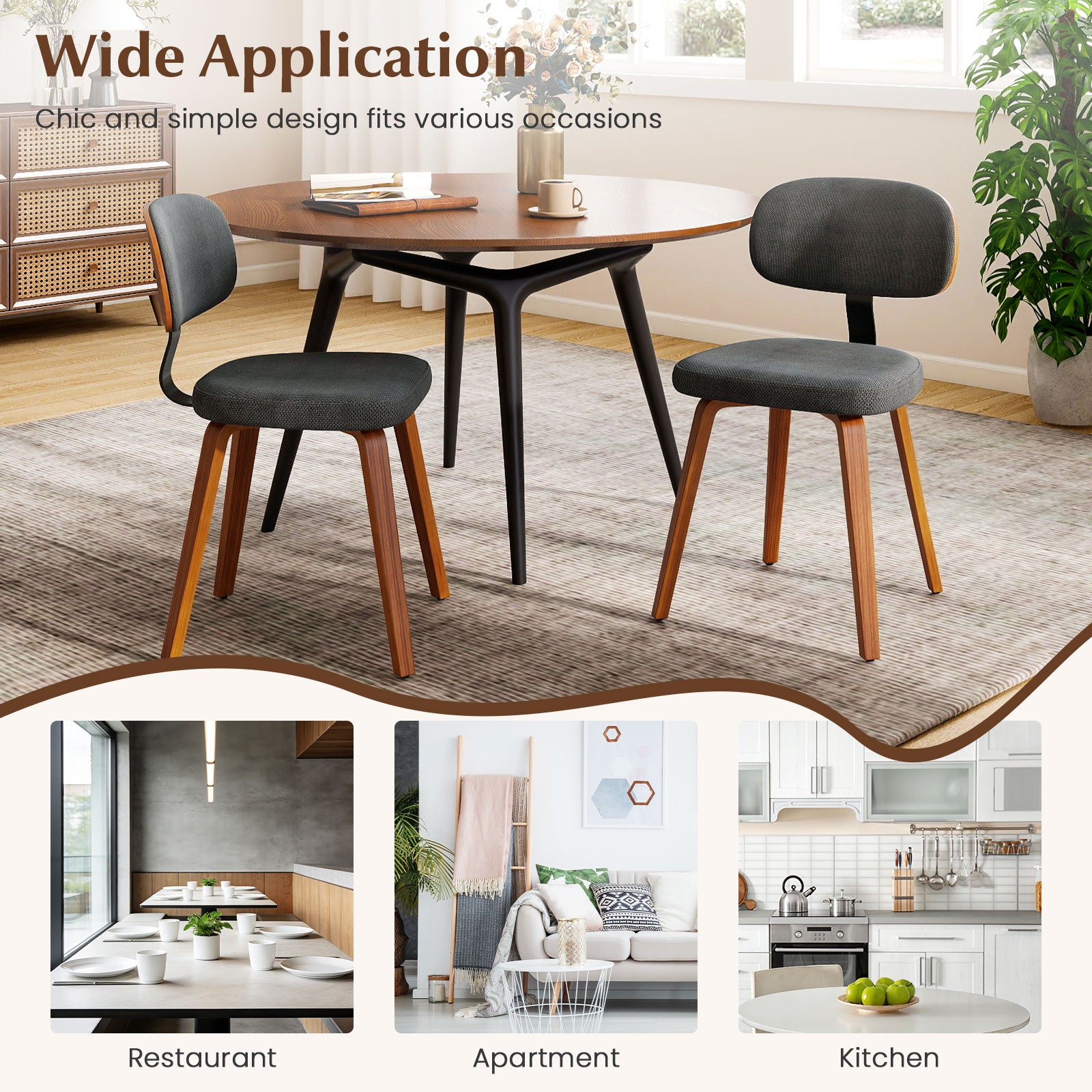 Chenille Fabric Upholstered Wooden Kitchen Chairs Set of 2-Dark Gray