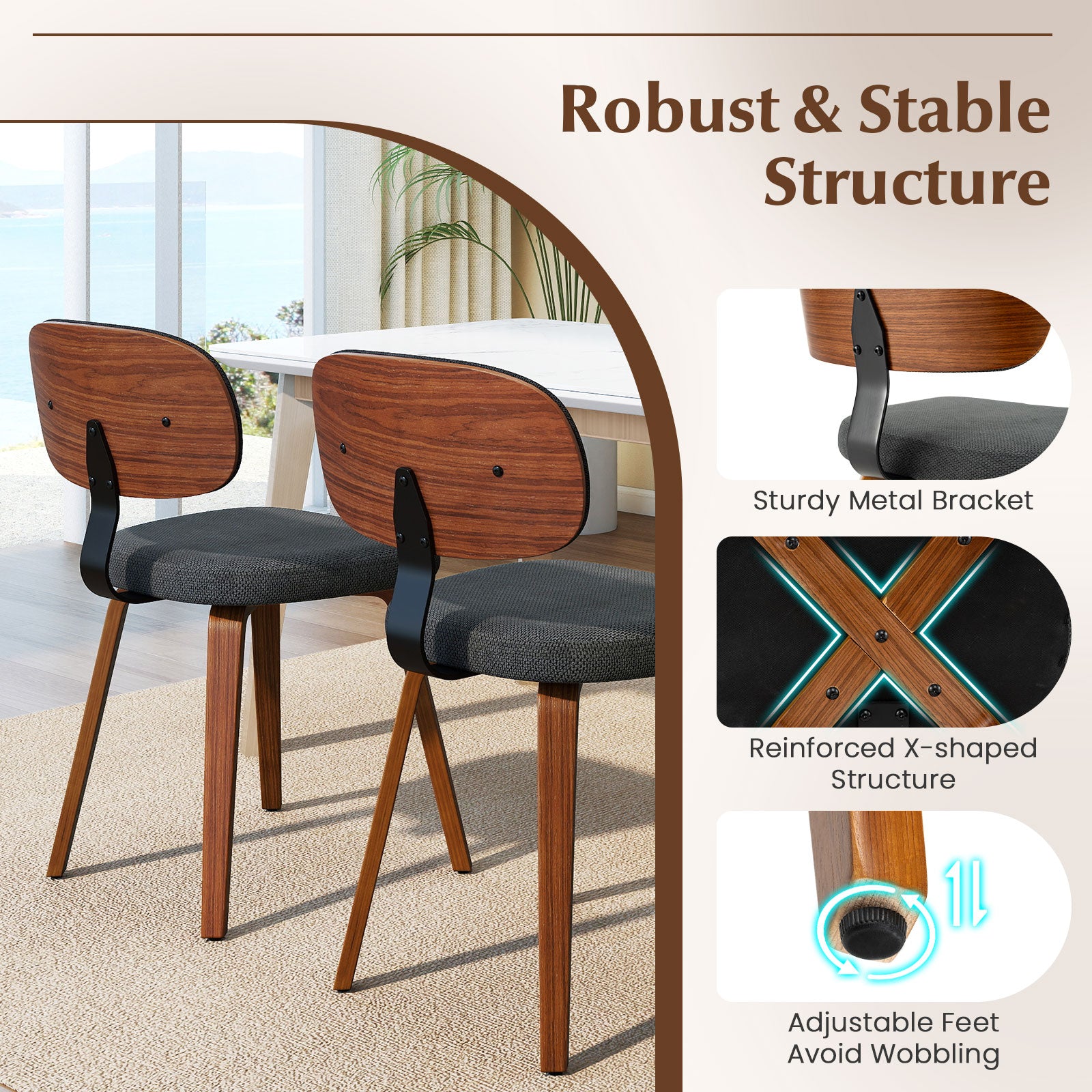 Chenille Fabric Upholstered Wooden Kitchen Chairs Set of 2-Dark Gray