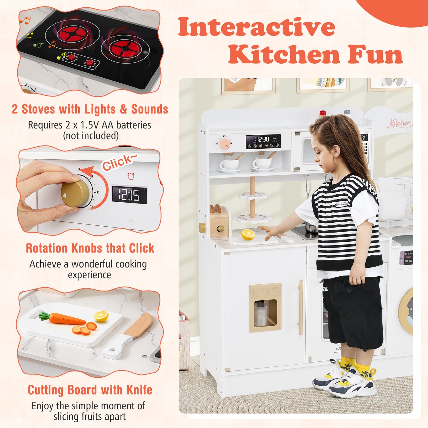 Children Pretend Toy Kitchen Playset with Light and Sound-White