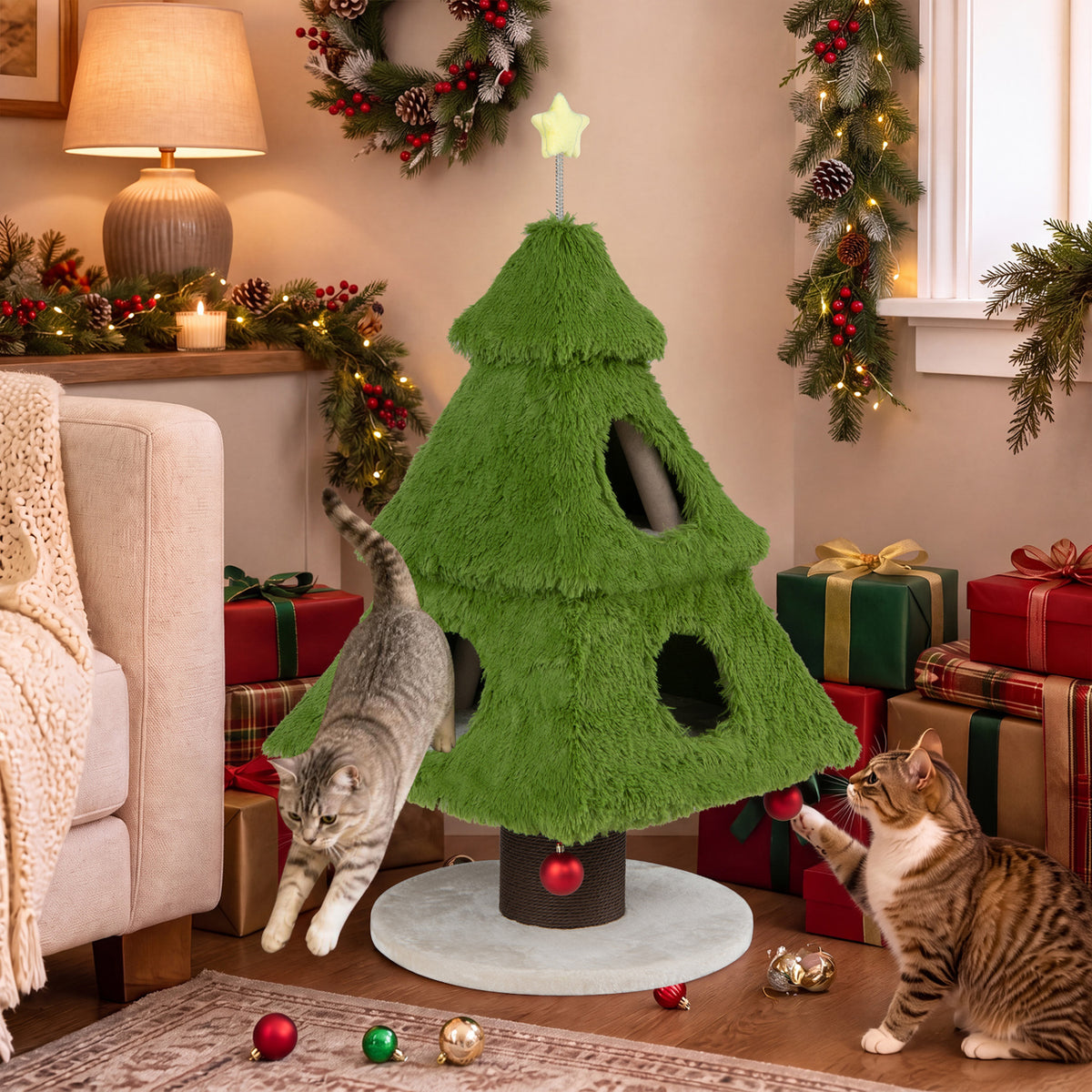 Christmas Cat Tree with Scratching Post & Hideaway Condos