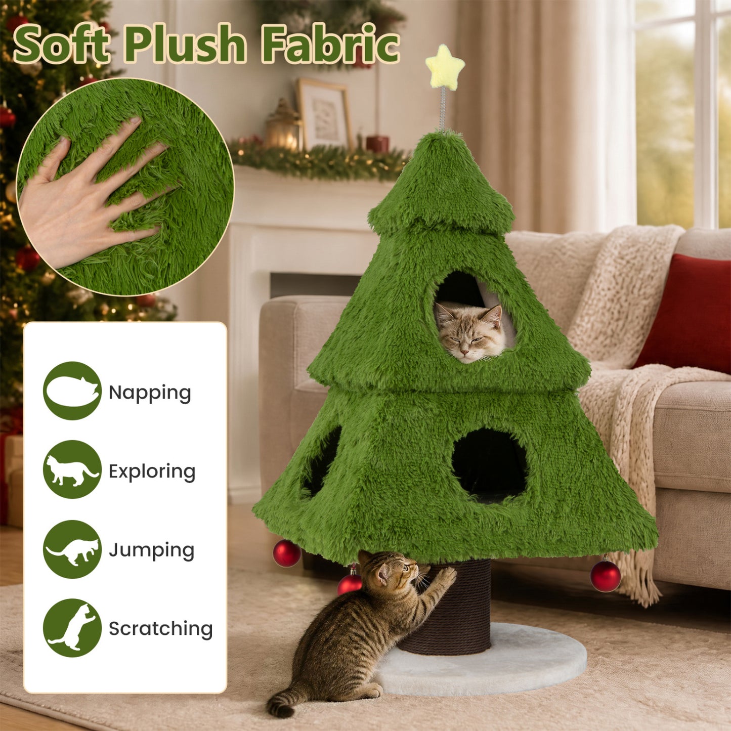 Christmas Cat Tree with Scratching Post & Hideaway Condos