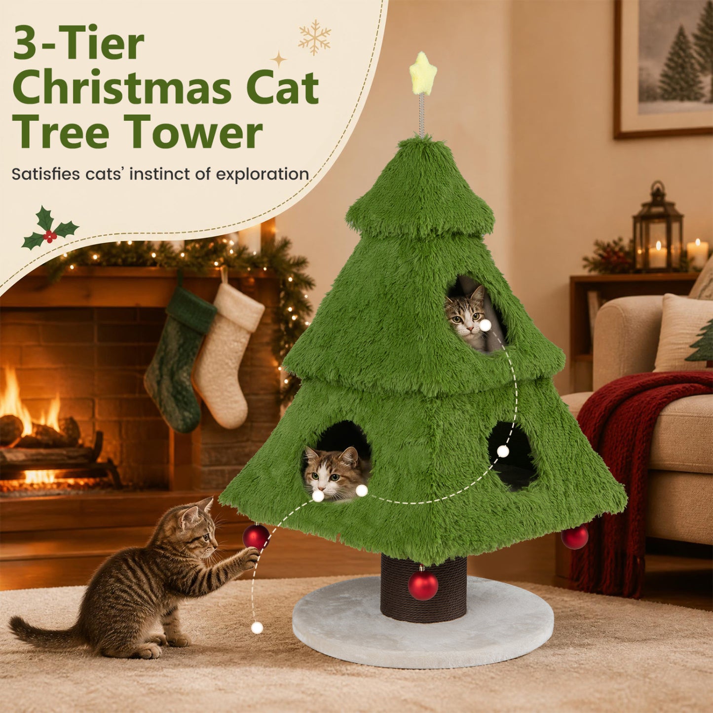 Christmas Cat Tree with Scratching Post & Hideaway Condos