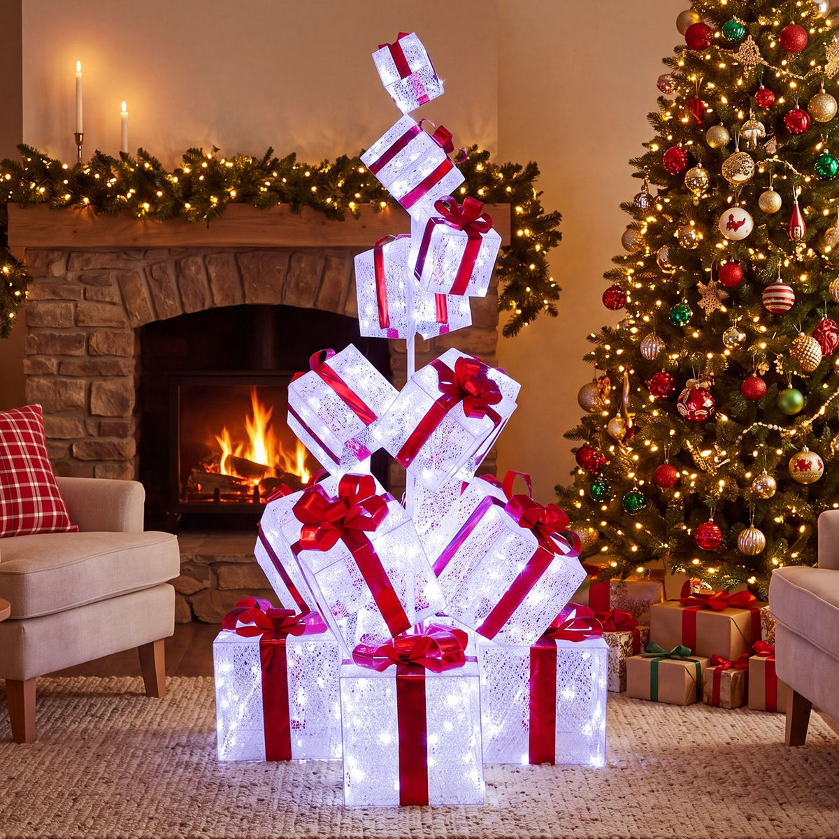 Christmas Lighted Gift Boxes with 483 Cold White LED Lights and 8 Ground Stakes for Yard-White