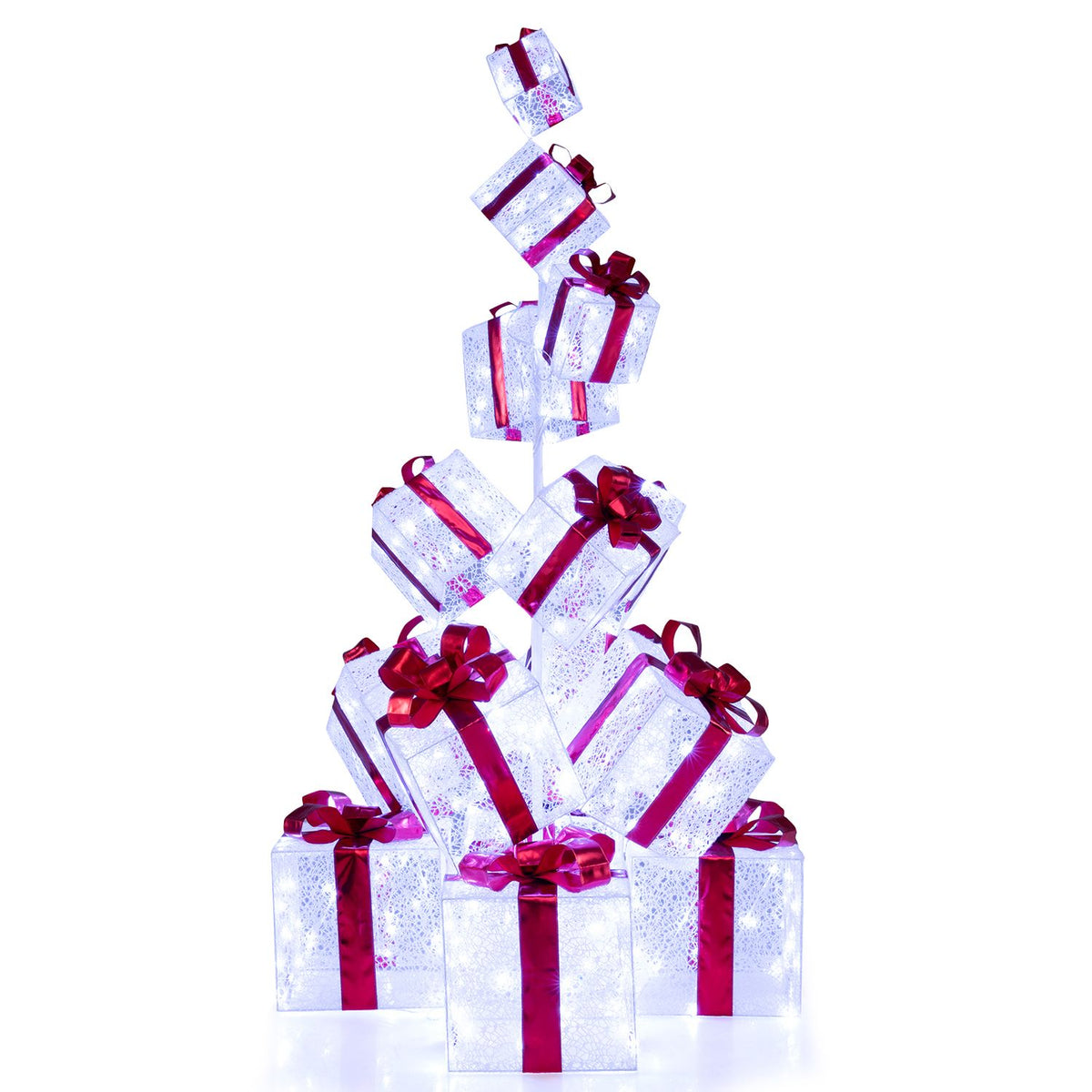 Christmas Lighted Gift Boxes with 483 Cold White LED Lights and 8 Ground Stakes for Yard-White