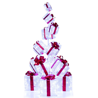 Christmas Lighted Gift Boxes with 483 Cold White LED Lights and 8 Ground Stakes for Yard-White