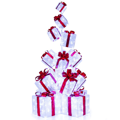 Christmas Lighted Gift Boxes with 483 Cold White LED Lights and 8 Ground Stakes for Yard-White