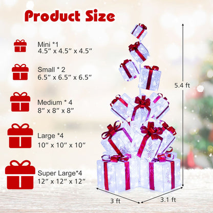 Christmas Lighted Gift Boxes with 483 Cold White LED Lights and 8 Ground Stakes for Yard-White