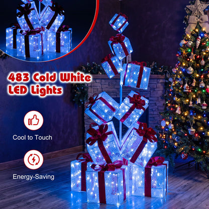 Christmas Lighted Gift Boxes with 483 Cold White LED Lights and 8 Ground Stakes for Yard-White