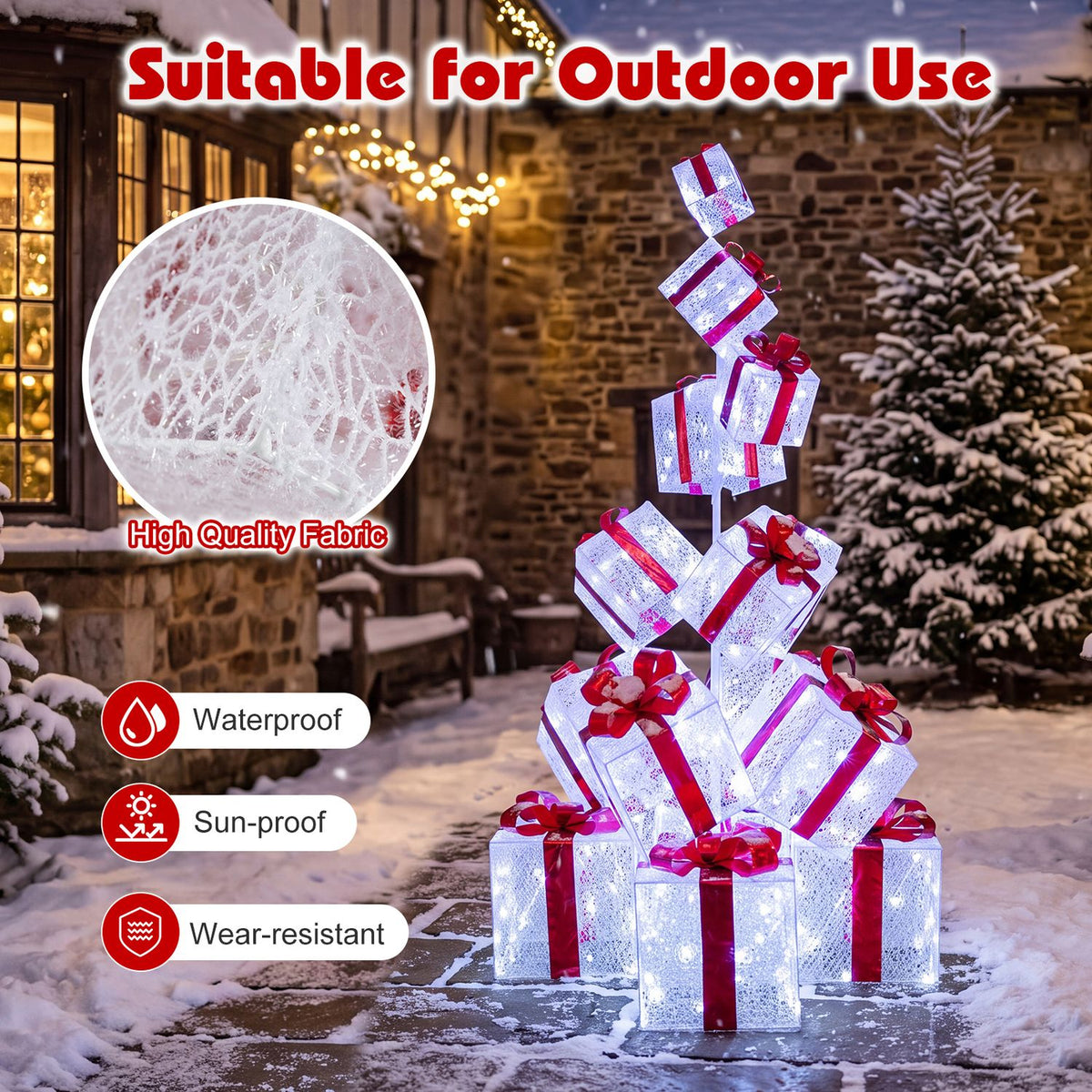 Christmas Lighted Gift Boxes with 483 Cold White LED Lights and 8 Ground Stakes for Yard-White
