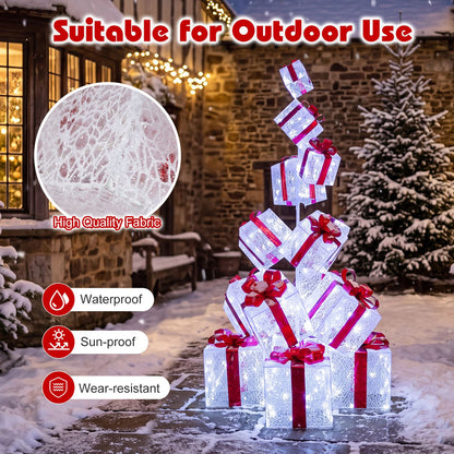 Christmas Lighted Gift Boxes with 483 Cold White LED Lights and 8 Ground Stakes for Yard-White