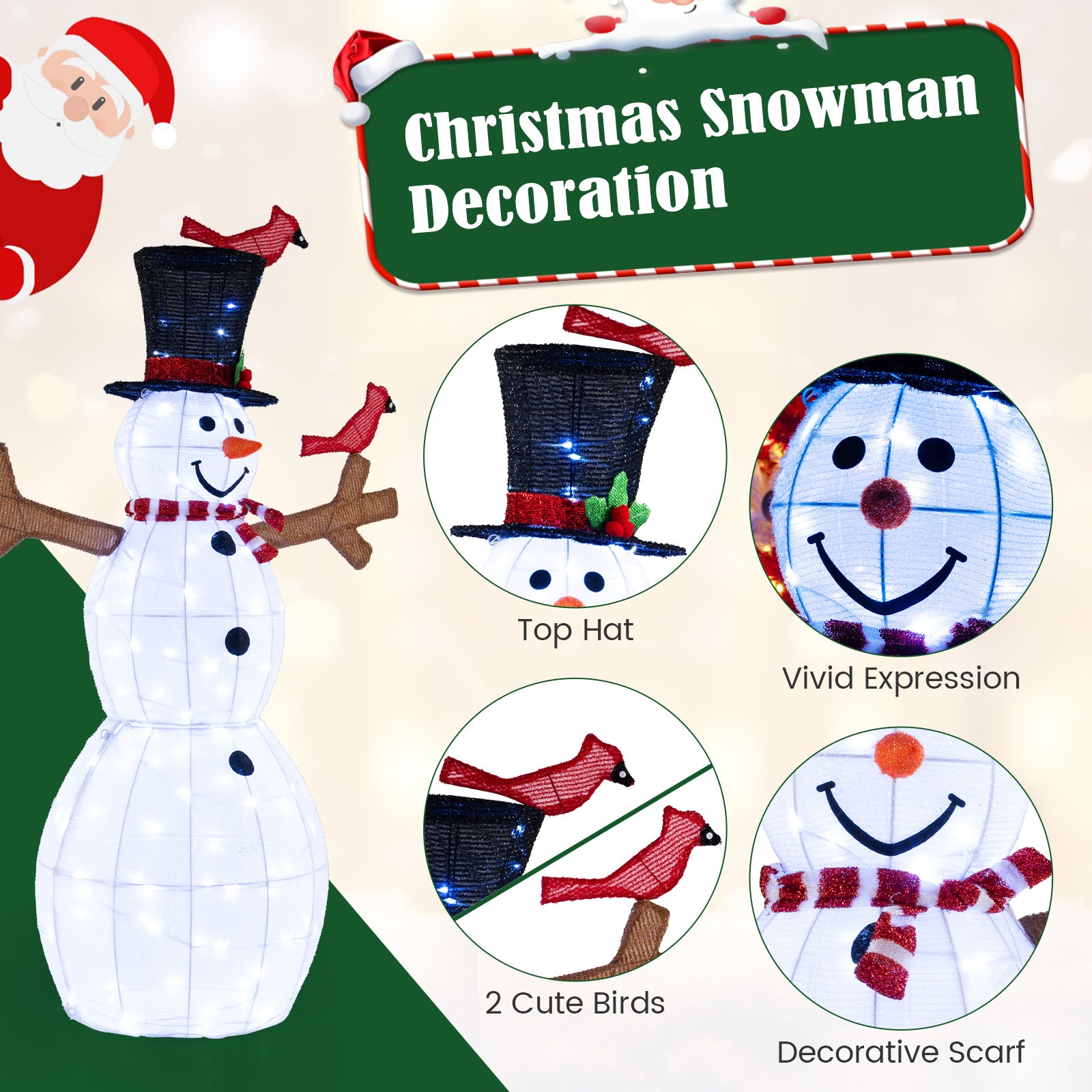 4.8 Feet Christmas Snowman with 120 LED Lights and 2 Decorative Red Birds
