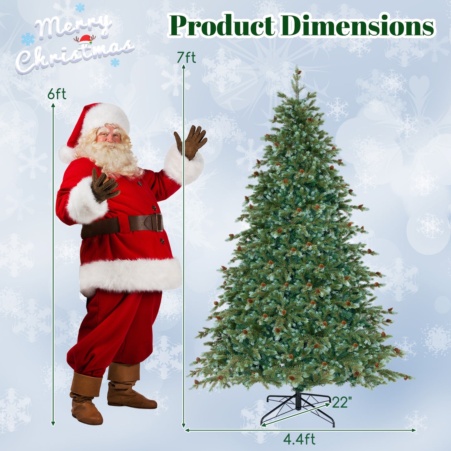 6/7/8 Feet Christmas Tree with Warm White LED Lights and Pine Cones-7 ft