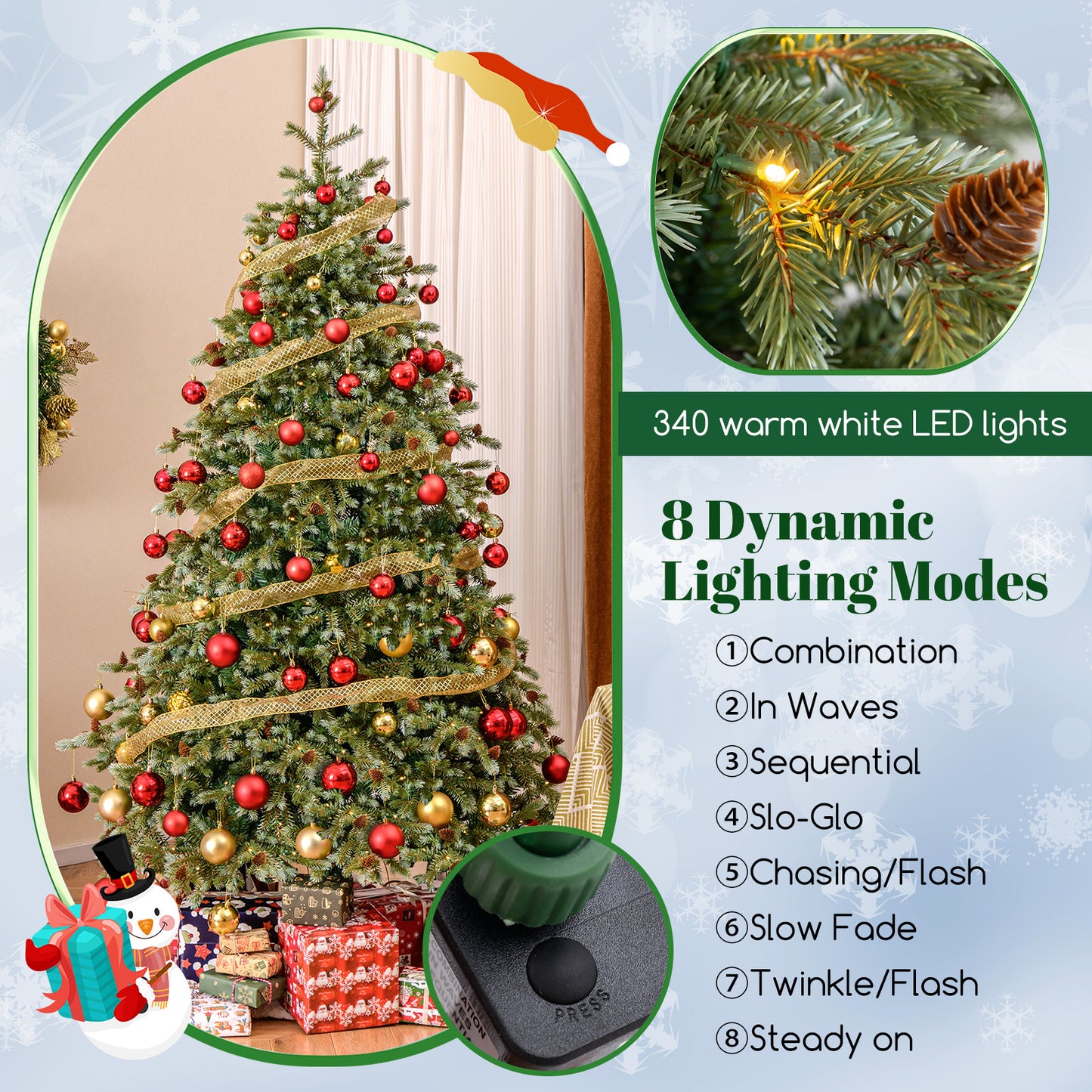 6/7/8 Feet Christmas Tree with Warm White LED Lights and Pine Cones-7 ft