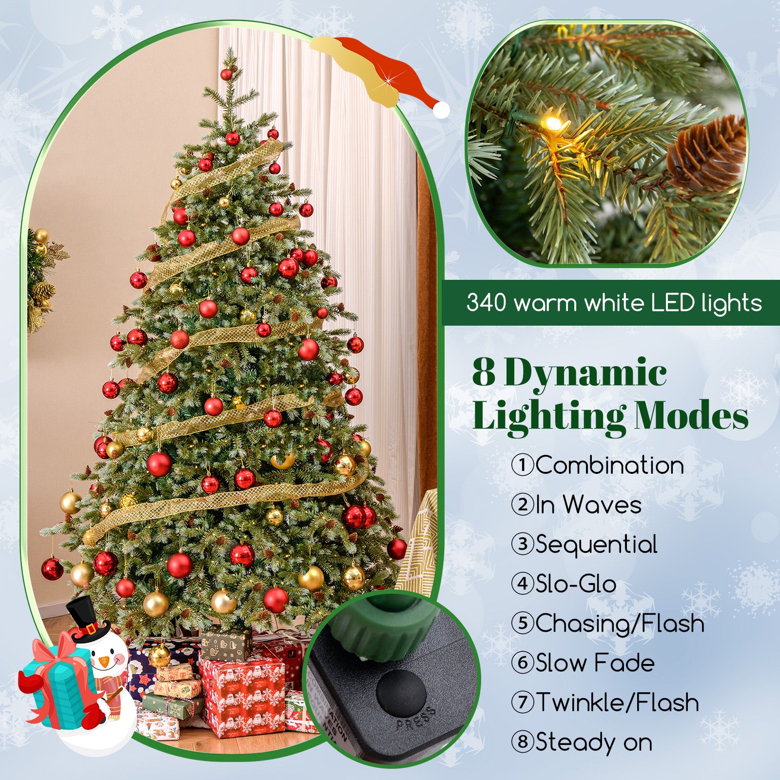 6/7/8 Feet Christmas Tree with Warm White LED Lights and Pine Cones-7 ft