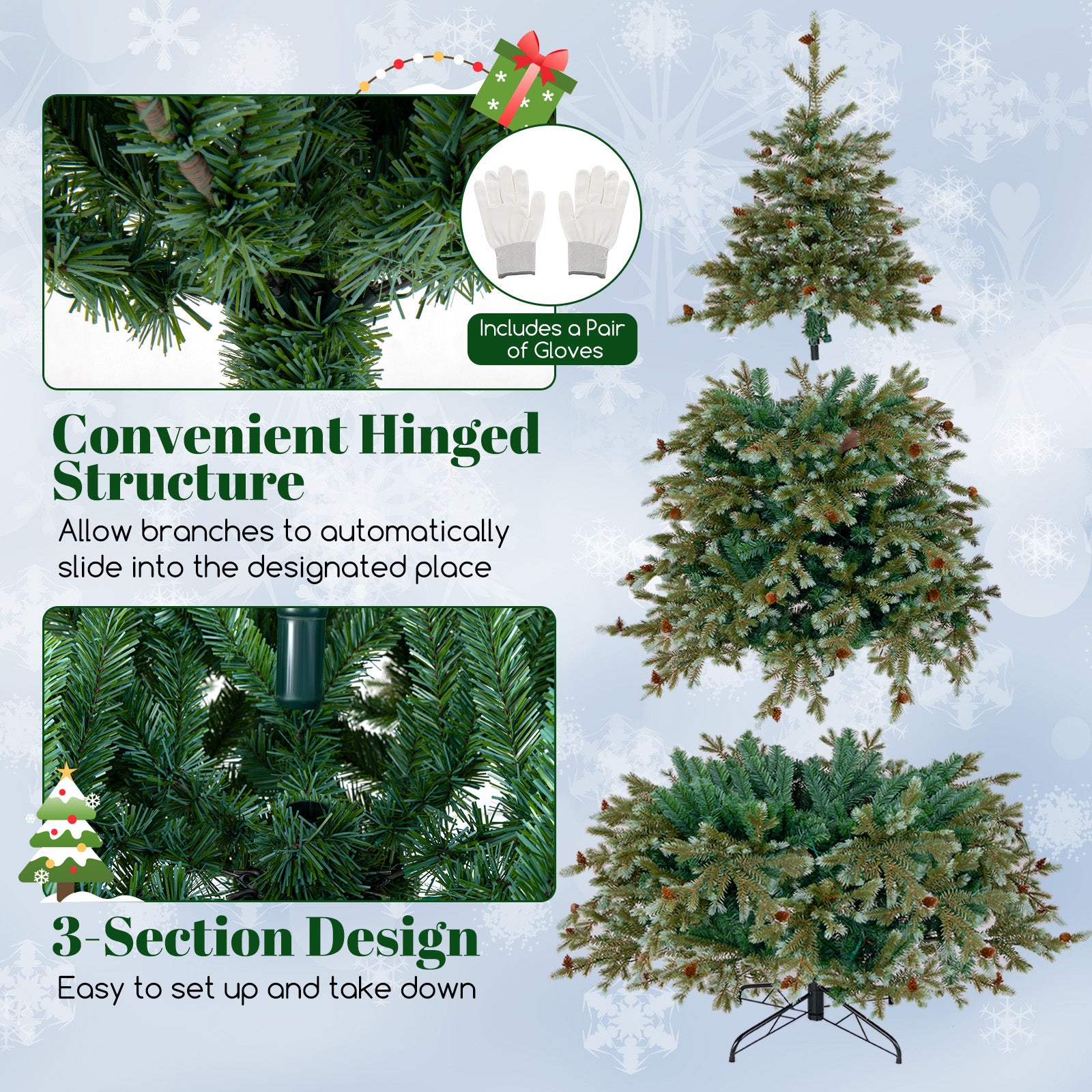 6/7/8 Feet Christmas Tree with Warm White LED Lights and Pine Cones-7 ft