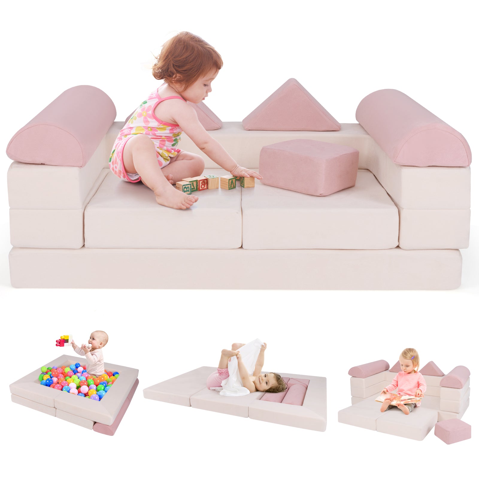 9-Piece Climb and Crawl Foam and Floor Playset with Breathable Suede Fabric-Gray - Pink