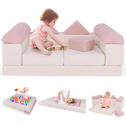 9-Piece Climb and Crawl Foam and Floor Playset with Breathable Suede Fabric-Gray - Pink