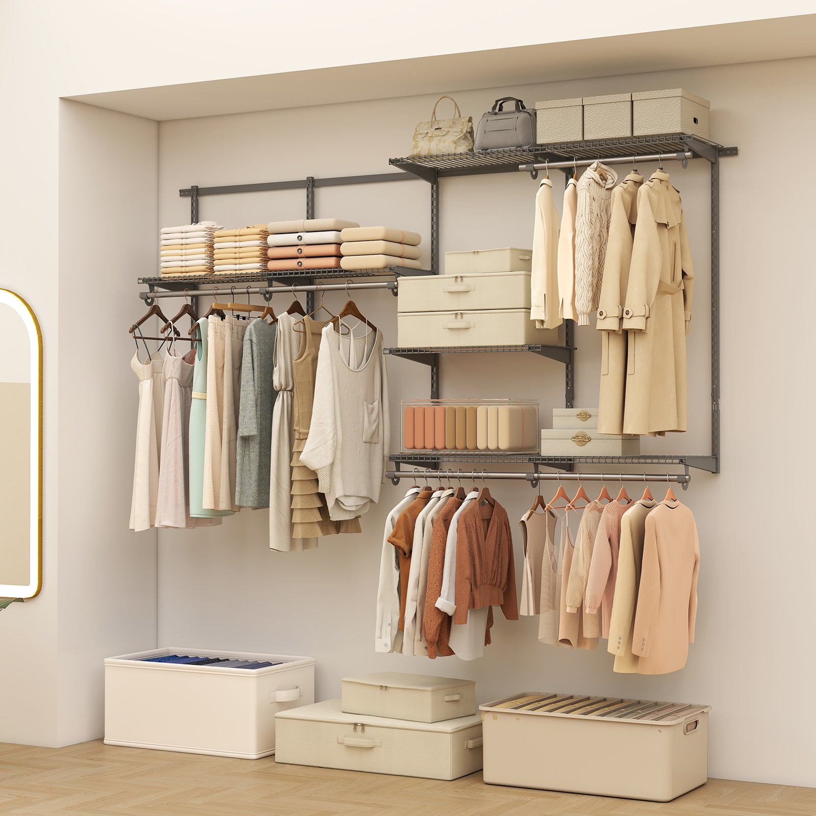 Closet System 4-8 FT Wall-Mounted Closet Shelves and Rod-Gray