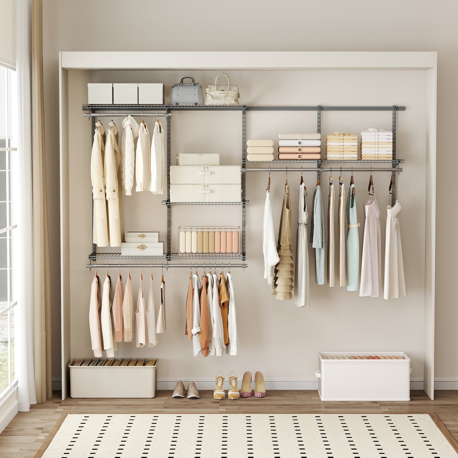 Closet System 4-8 FT Wall-Mounted Closet Shelves and Rod-Gray