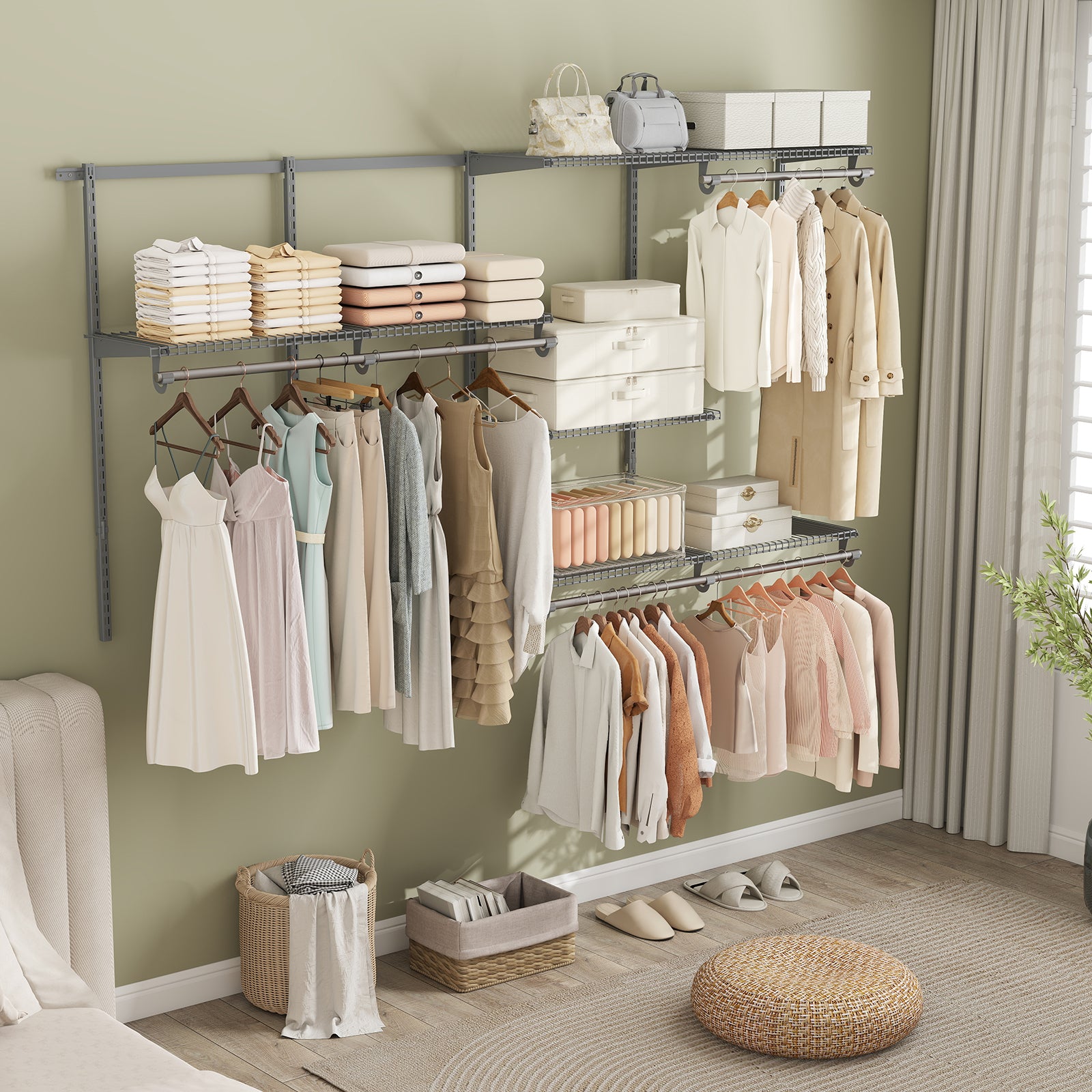 Closet System 4-8 FT Wall-Mounted Closet Shelves and Rod-Gray