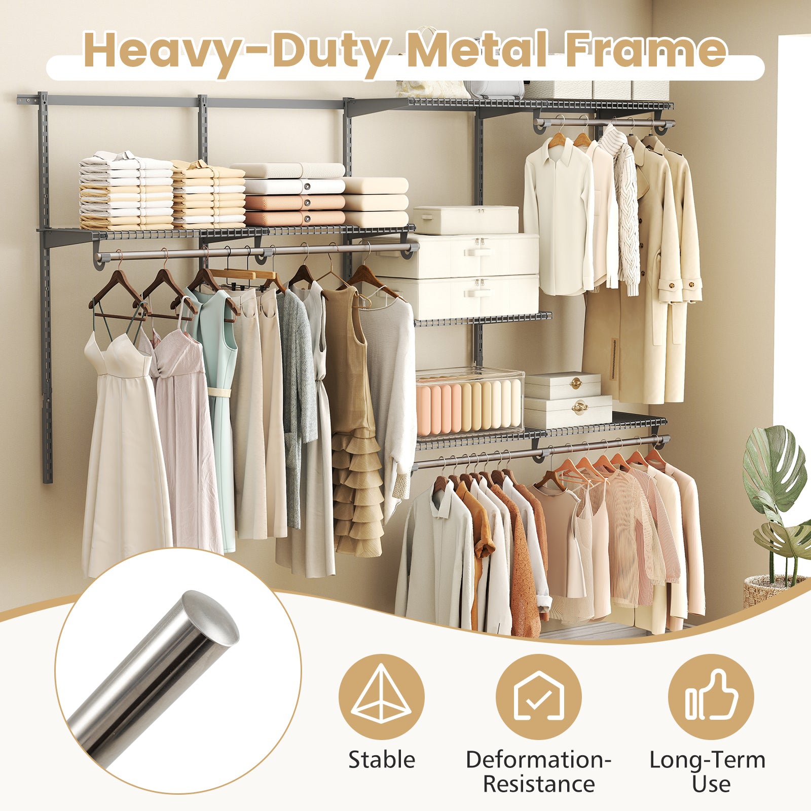 Closet System 4-8 FT Wall-Mounted Closet Shelves and Rod-Gray