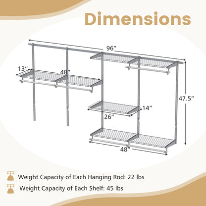 Closet System 4-8 FT Wall-Mounted Closet Shelves and Rod-Gray
