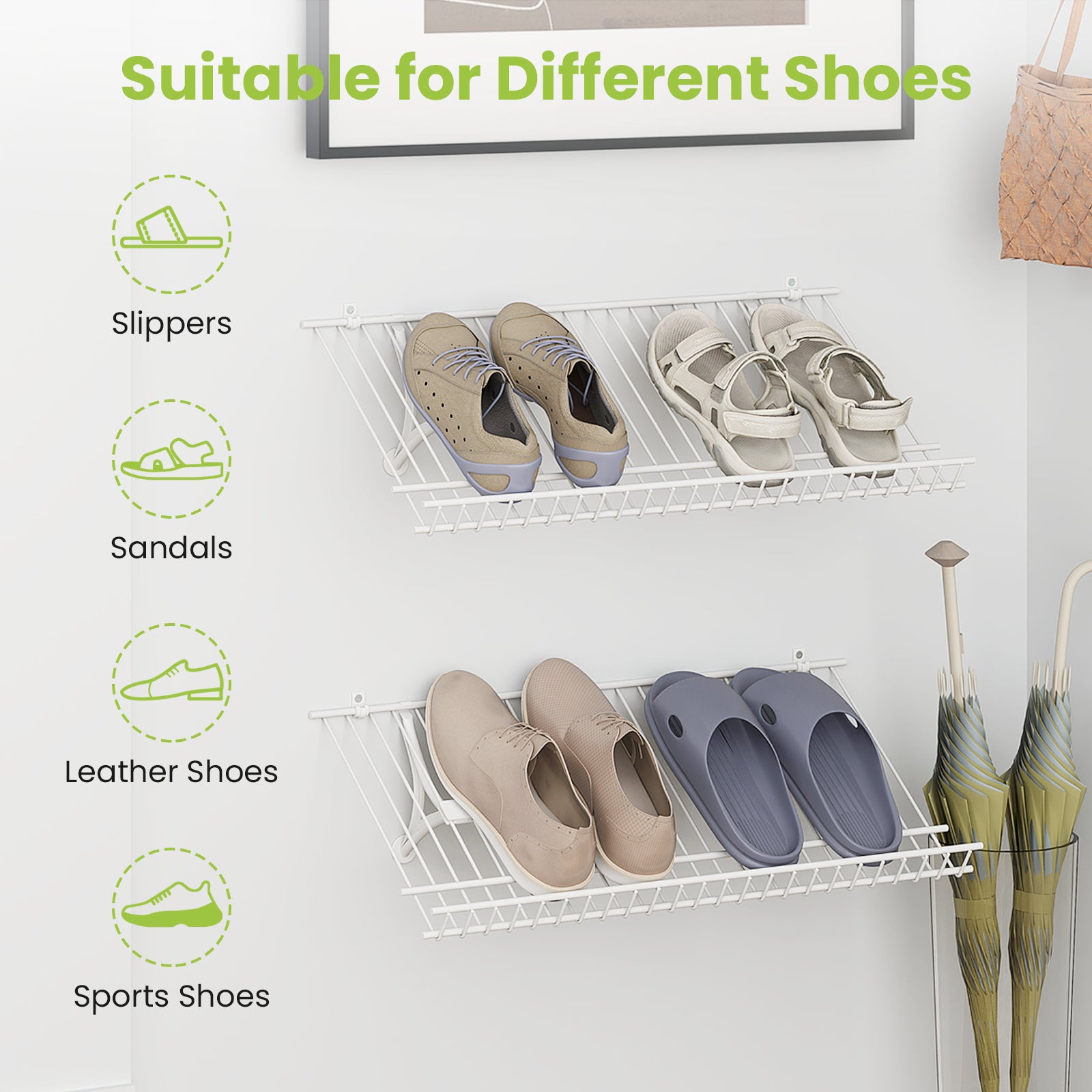 Closet Shelves Wall Mounted Set of 2 Metal Wire Shoe Racks