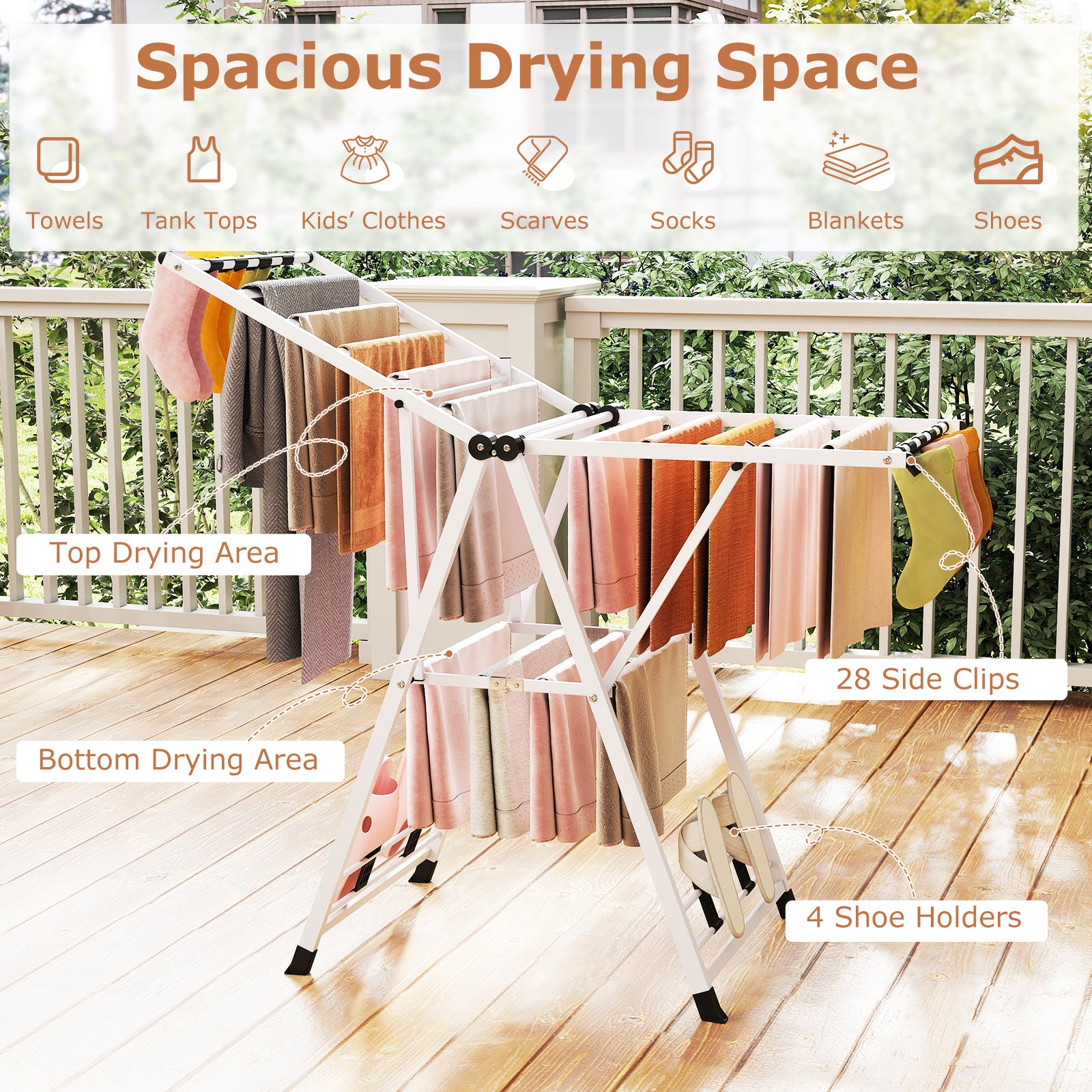 Clothes Drying Rack with Height Adjustable Wings-White