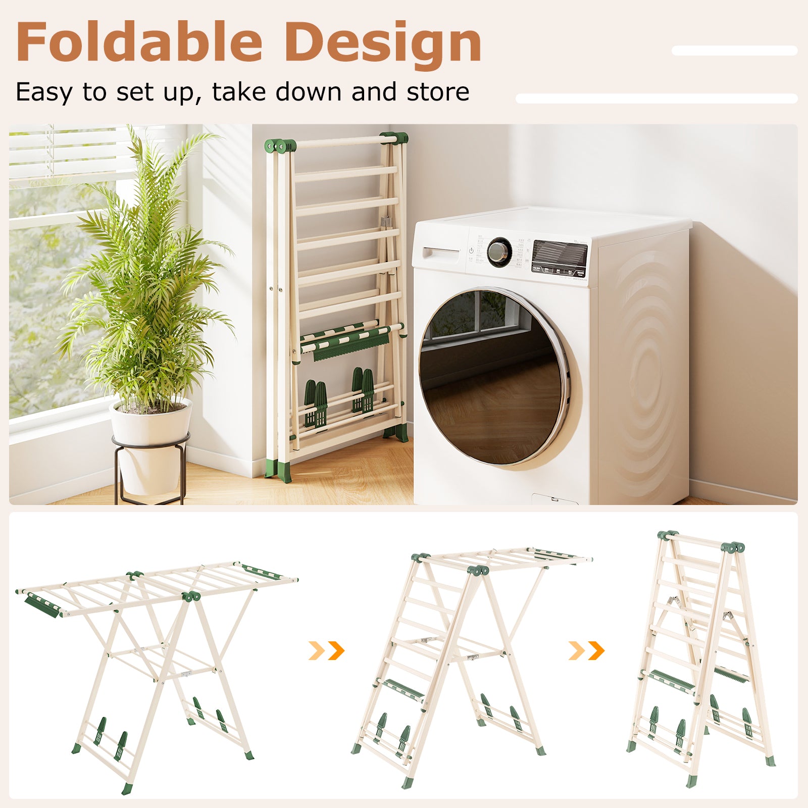 Clothes Drying Rack with Height Adjustable Wings-Beige