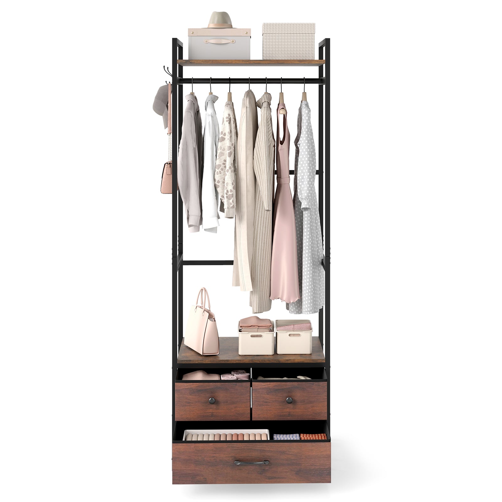 Clothes Rack with Drawers and Shelves with Side Hooks and Metal Frame-Rustic Brown