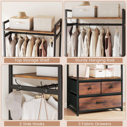 Clothes Rack with Drawers and Shelves with Side Hooks and Metal Frame-Rustic Brown