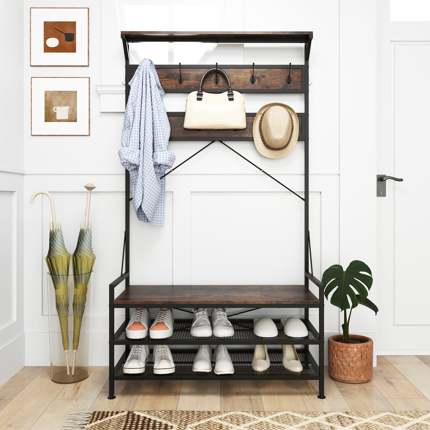 Coat Rack 4-In-1 Hall Tree with 11 Hanging Hooks Shoe Bench