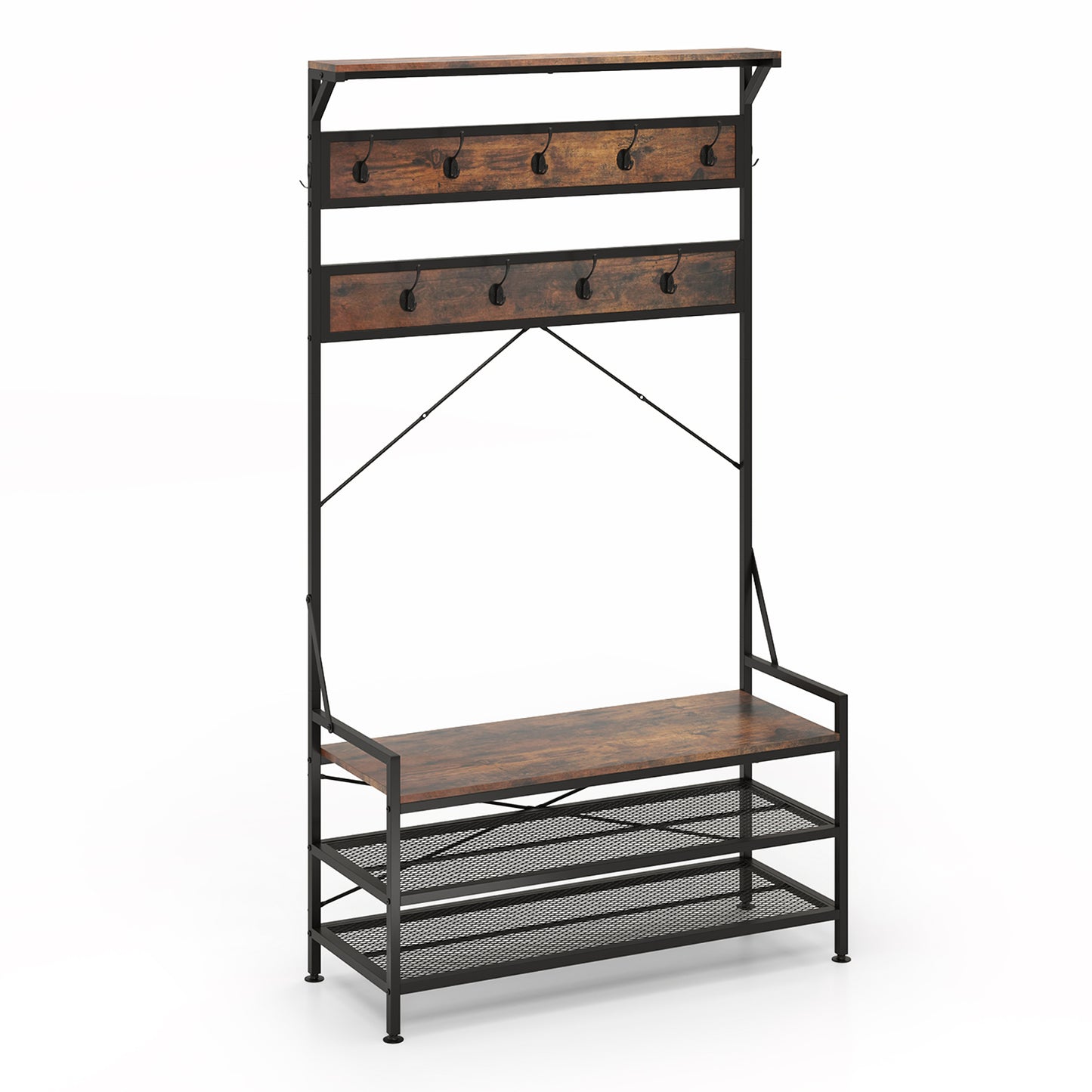 Coat Rack 4-In-1 Hall Tree with 11 Hanging Hooks Shoe Bench