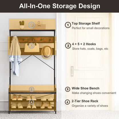 Coat Rack 4-In-1 Hall Tree with 11 Hanging Hooks Shoe Bench