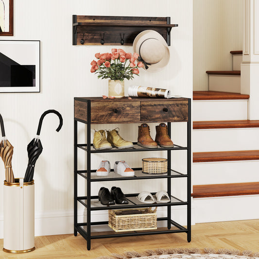 Coat Rack Shoe Stand Set 5-Tier Shoe Rack with Wall-Mounted Coat Hanger-Brown