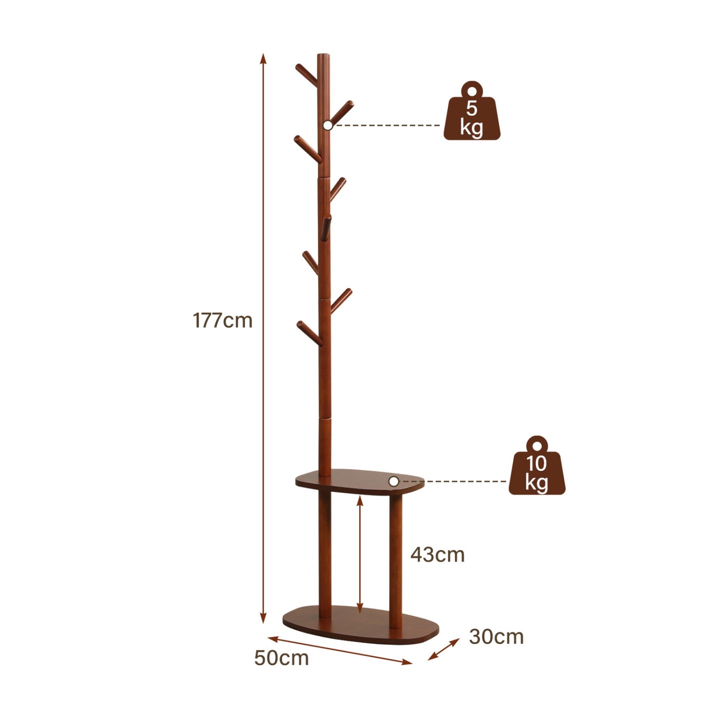 Coat Rack with 8 Hooks and 2 Shelves - Walnut Rubber Wood