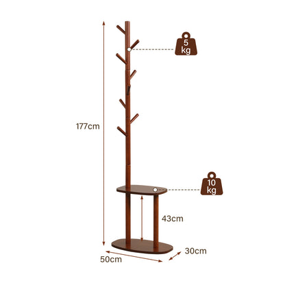Coat Rack with 8 Hooks and 2 Shelves - Walnut Rubber Wood