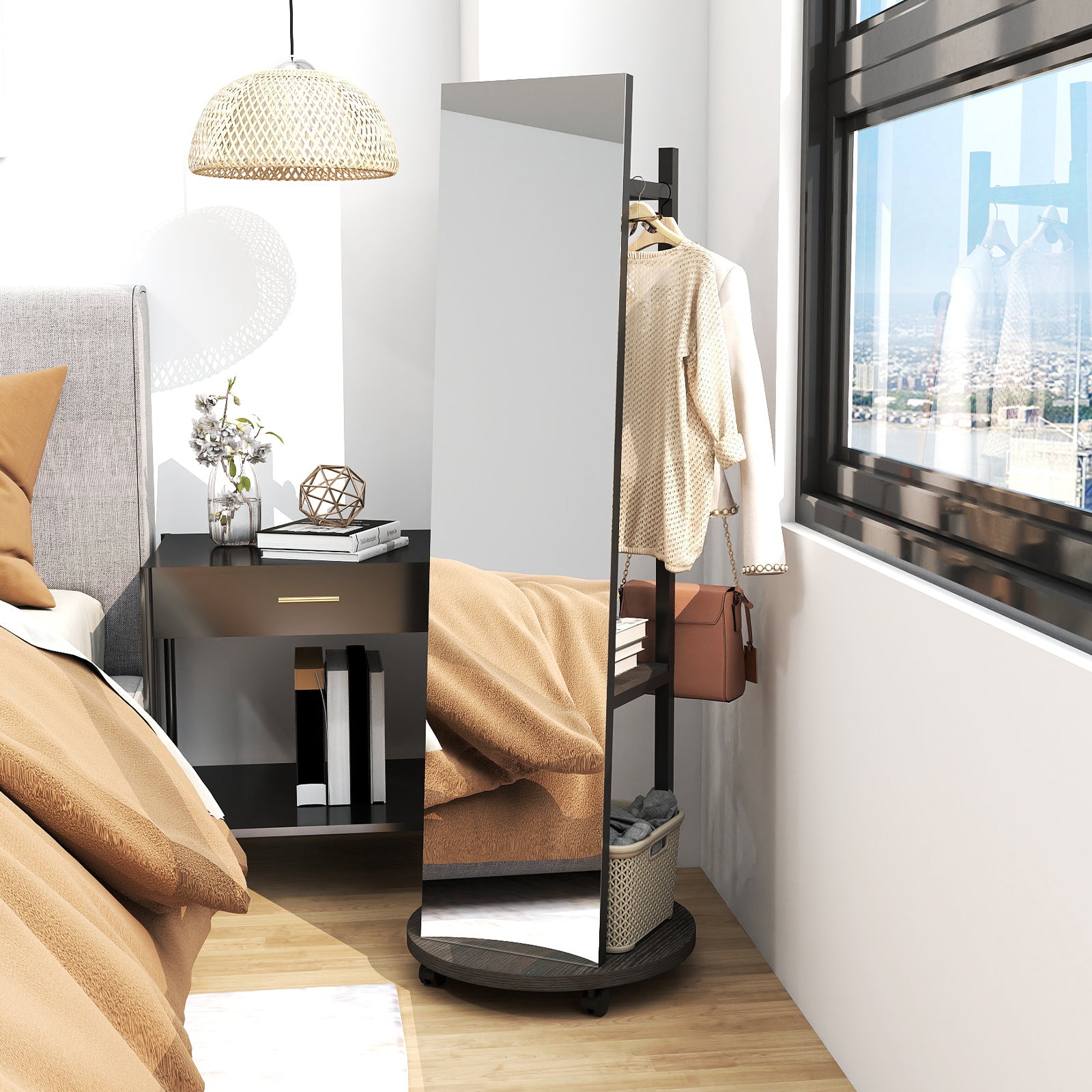 Coat Rack with Full Length Mirror Freestanding Coat Tree with 3 Hooks-Walnut