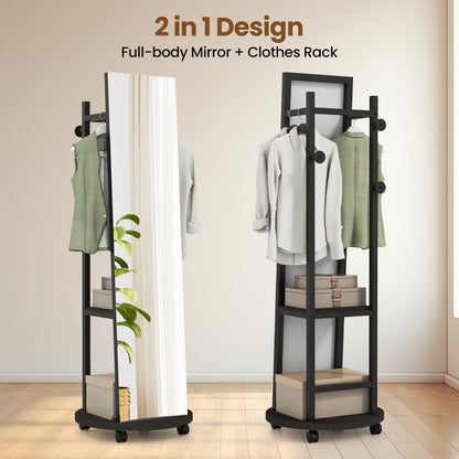 Coat Rack with Full Length Mirror Freestanding Coat Tree with 3 Hooks-Walnut