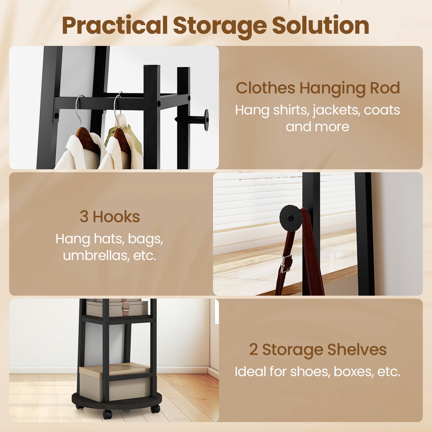 Coat Rack with Full Length Mirror Freestanding Coat Tree with 3 Hooks-Walnut