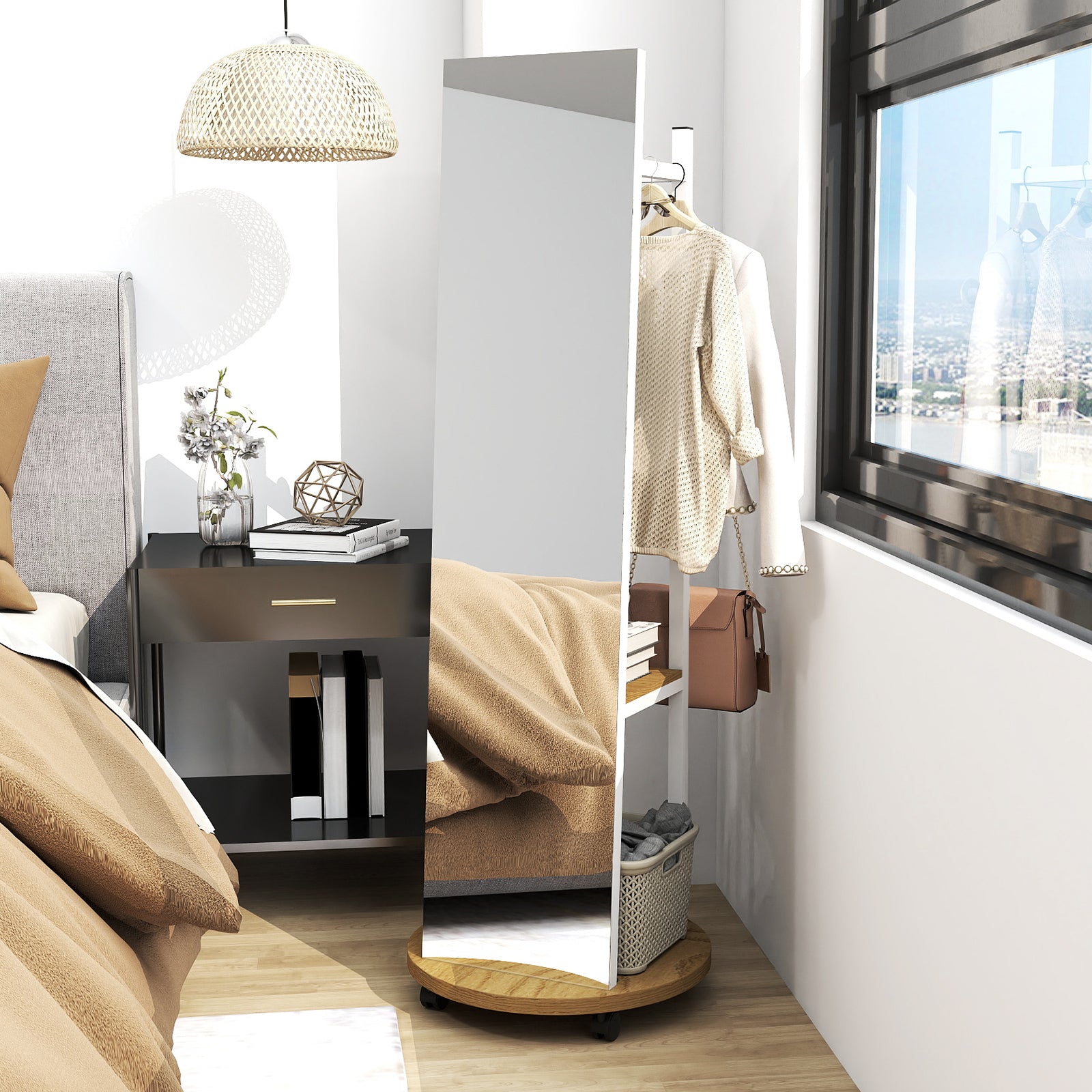 Coat Rack with Full Length Mirror Freestanding Coat Tree with 3 Hooks-Natural