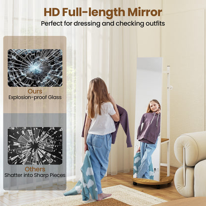 Coat Rack with Full Length Mirror Freestanding Coat Tree with 3 Hooks-Natural