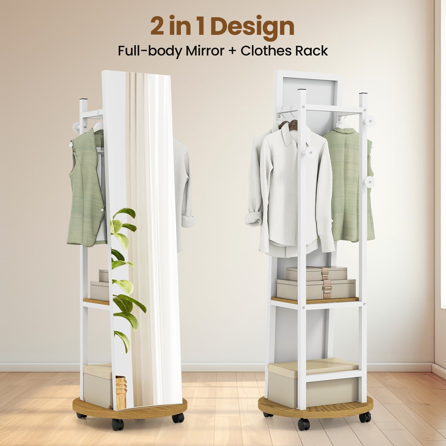 Coat Rack with Full Length Mirror Freestanding Coat Tree with 3 Hooks-Natural