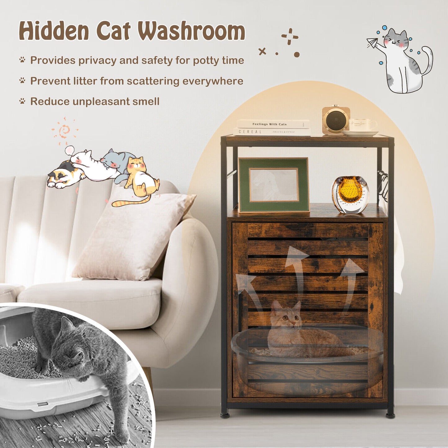 Cat Litter Box Enclosure with Louvered Door and 3-Tier Shelf-Coffee