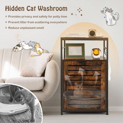 Cat Litter Box Enclosure with Louvered Door and 3-Tier Shelf-Coffee