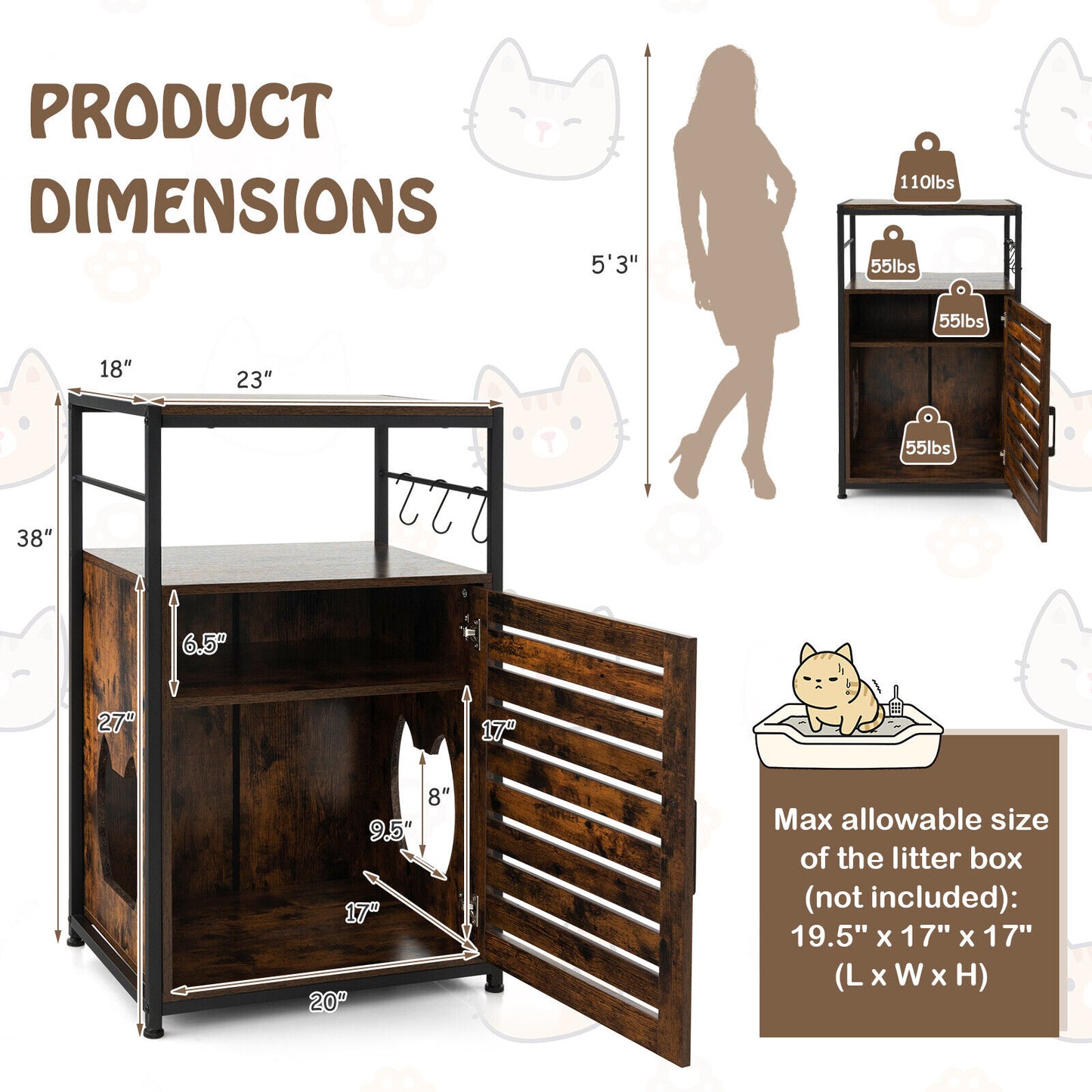 Cat Litter Box Enclosure with Louvered Door and 3-Tier Shelf-Coffee