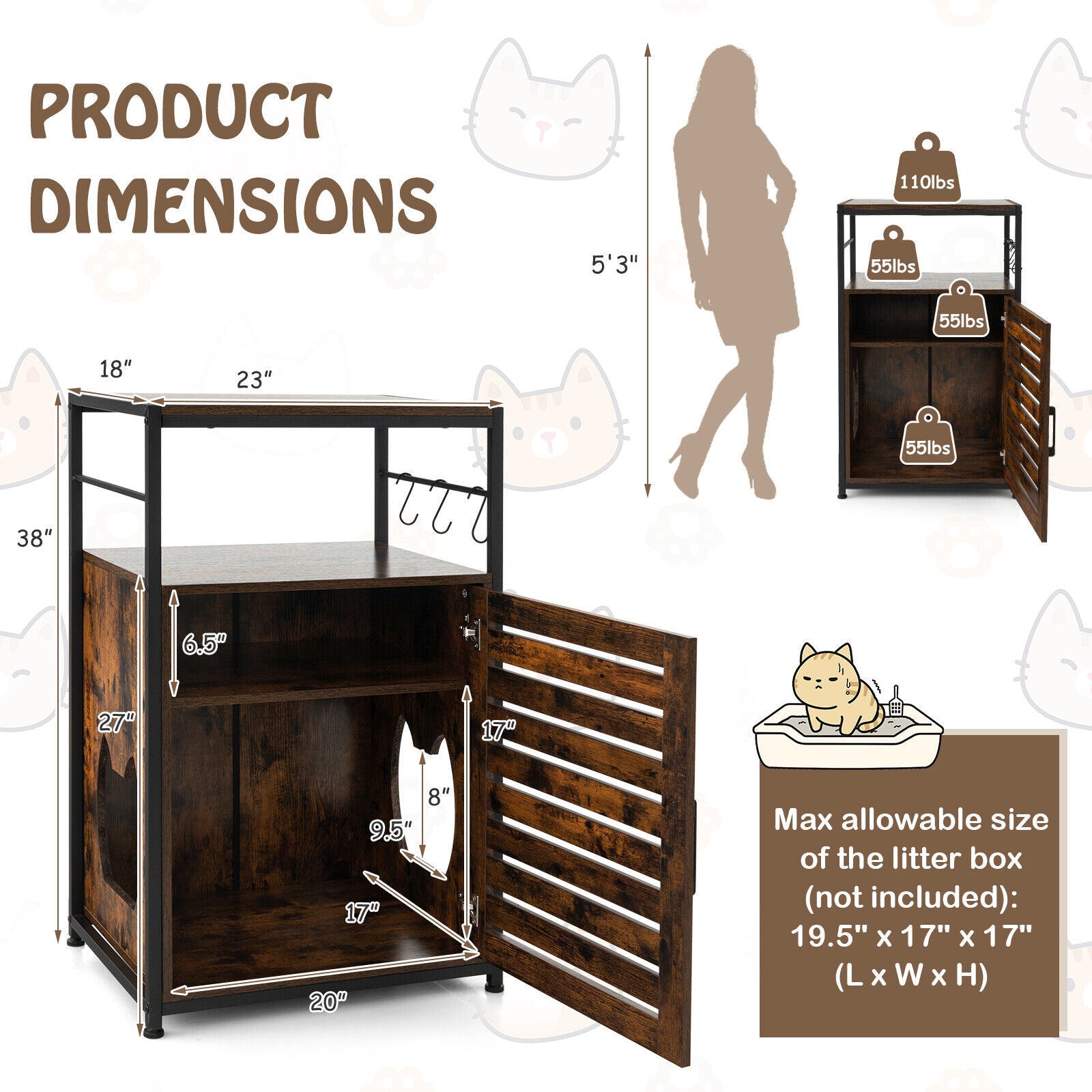 Cat Litter Box Enclosure with Louvered Door and 3-Tier Shelf-Coffee